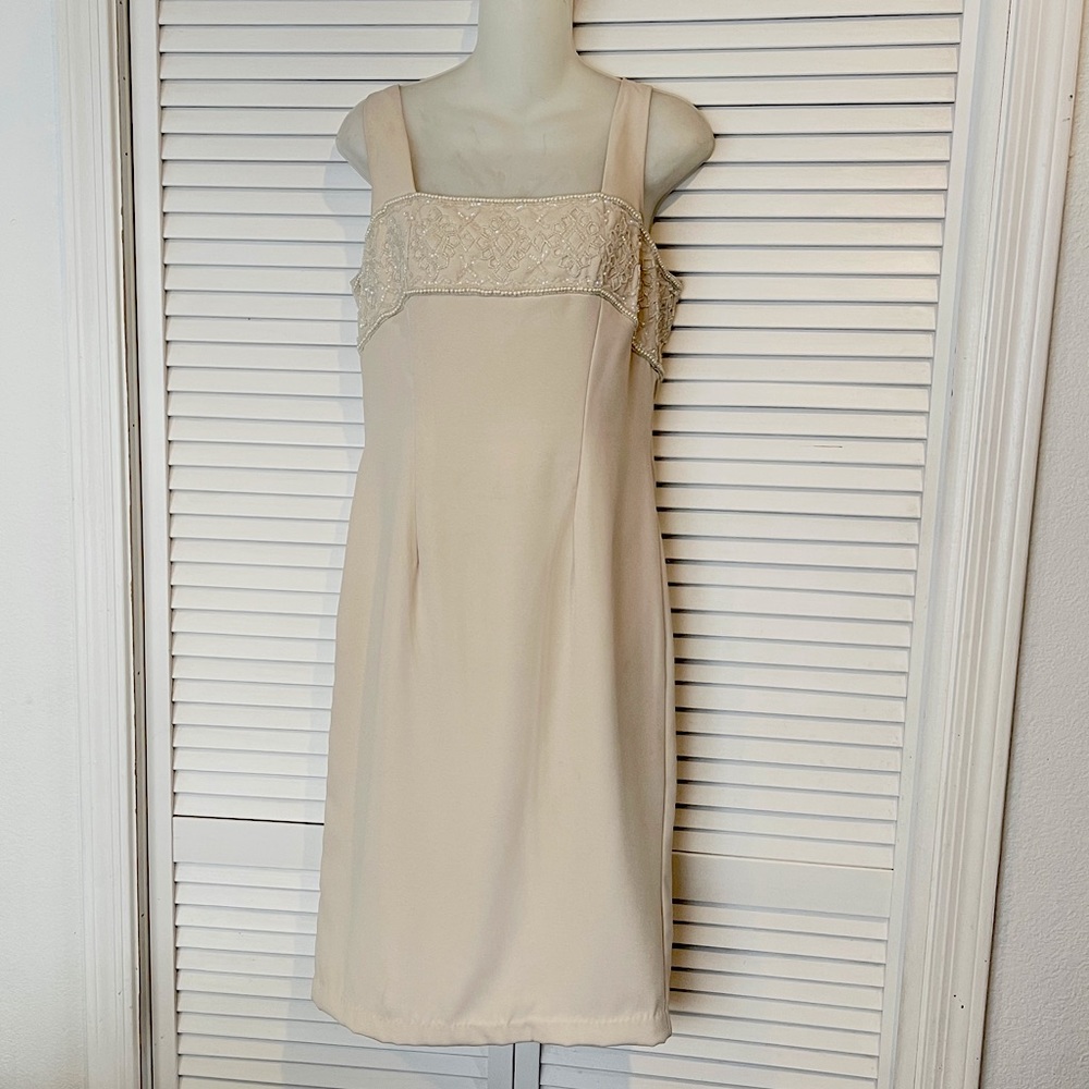 Vintage Lawrence Kazar Beaded Bodice Sleeveless Sheath Dress Champagne Size 6